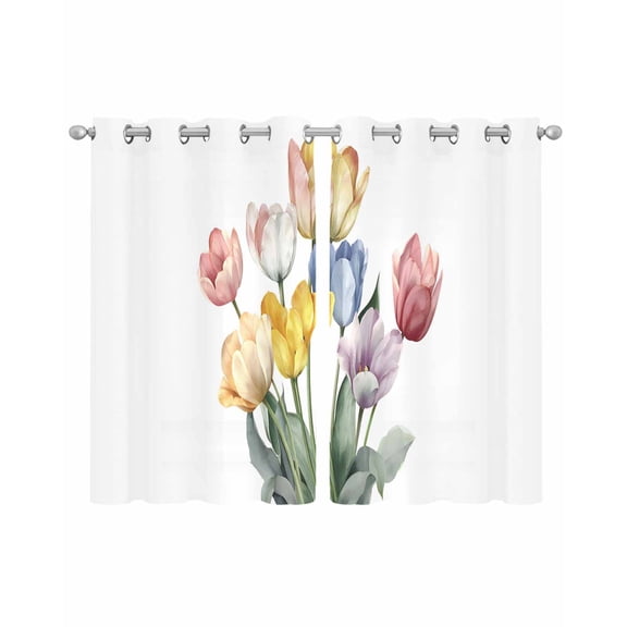 Colorful Tulips Floral Sheer Curtains 39 Inch Length 2 Panels Set for Living Room/Bedroom, Modern Art Watercolor Farmhouse Kitchen Curtains Grommet Semi-Sheer Curtains Window Treatments 27.5"x39"x2