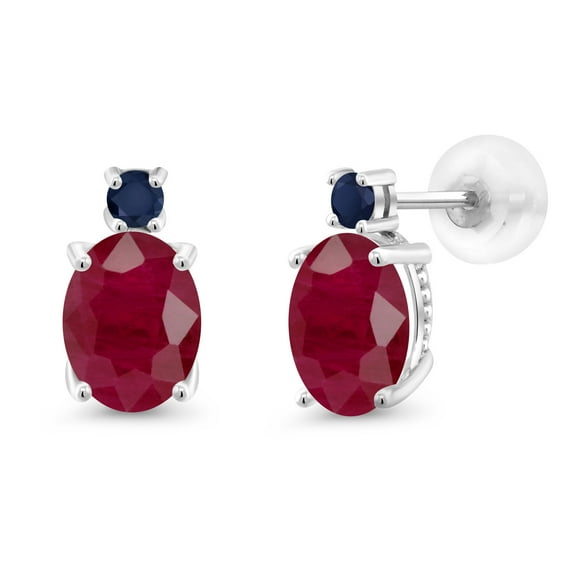 Gem Stone King 14k White Gold Red Ruby and Blue Sapphire Earrings for Women (3.4Cttw, GemstoneJuly Birthstone, Oval 8X6MM, Round 2.5MM)