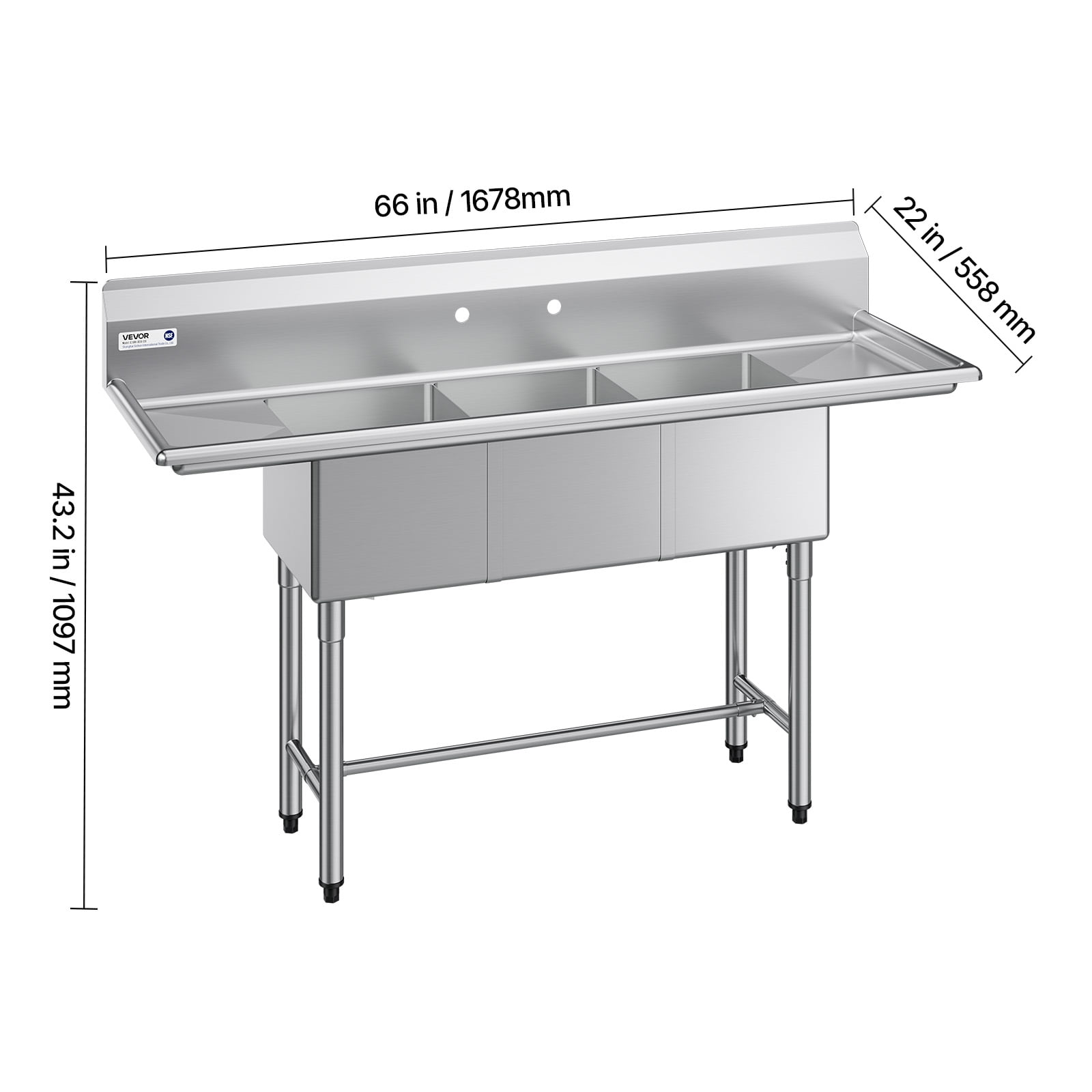 VEVOR 3 Compartment Sink, 18-Gauge 304 Stainless Steel, 14" x 16" x 11" Bowl Size, 3 Bay Commercial Kitchen Prep & Utility Sink with 2 Drainboards and Backsplash for Restaurant, Food Truck & Home Use