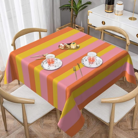 Square Table Cloth, Cute Summer Stripes in Pink Yellow Orange Tablecloths Washable Table Cover for Kitchen Dinning Party Tabletop Modern Decoration,52inch