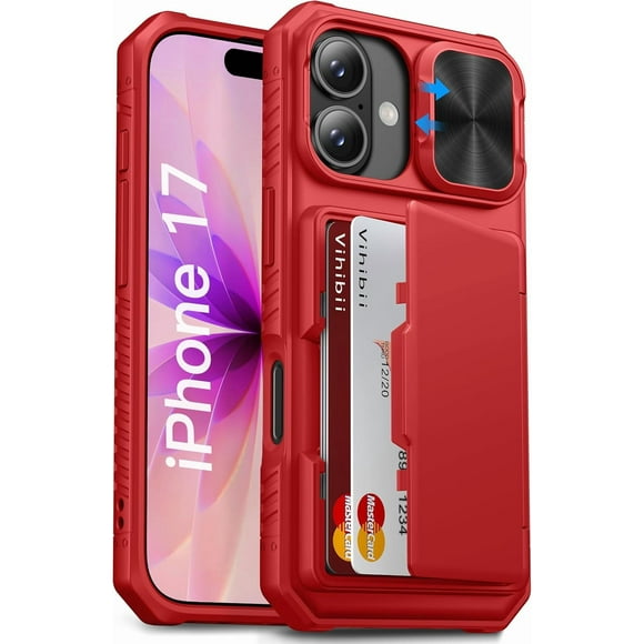 ABDFHE-for iPhone 17 Case Wallet with Card Holder (4 Cards) [RFID Blocking] & Slide Camera Cover, Military Grade Drop Protection, Rugged Hard Back & Silicone Edge Phone Case, 6.3" 2025, Red