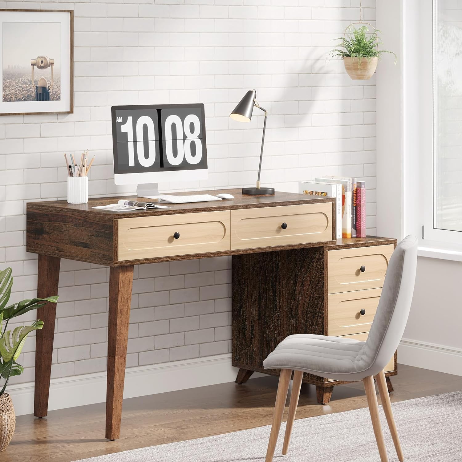 Tribesigns Computer Desk with 5 Drawers, 51-Inch Home Office Desk with Reversible Drawer Cabinet, Farmhouse Study Writing Table Workstation with Storage for Small Spaces