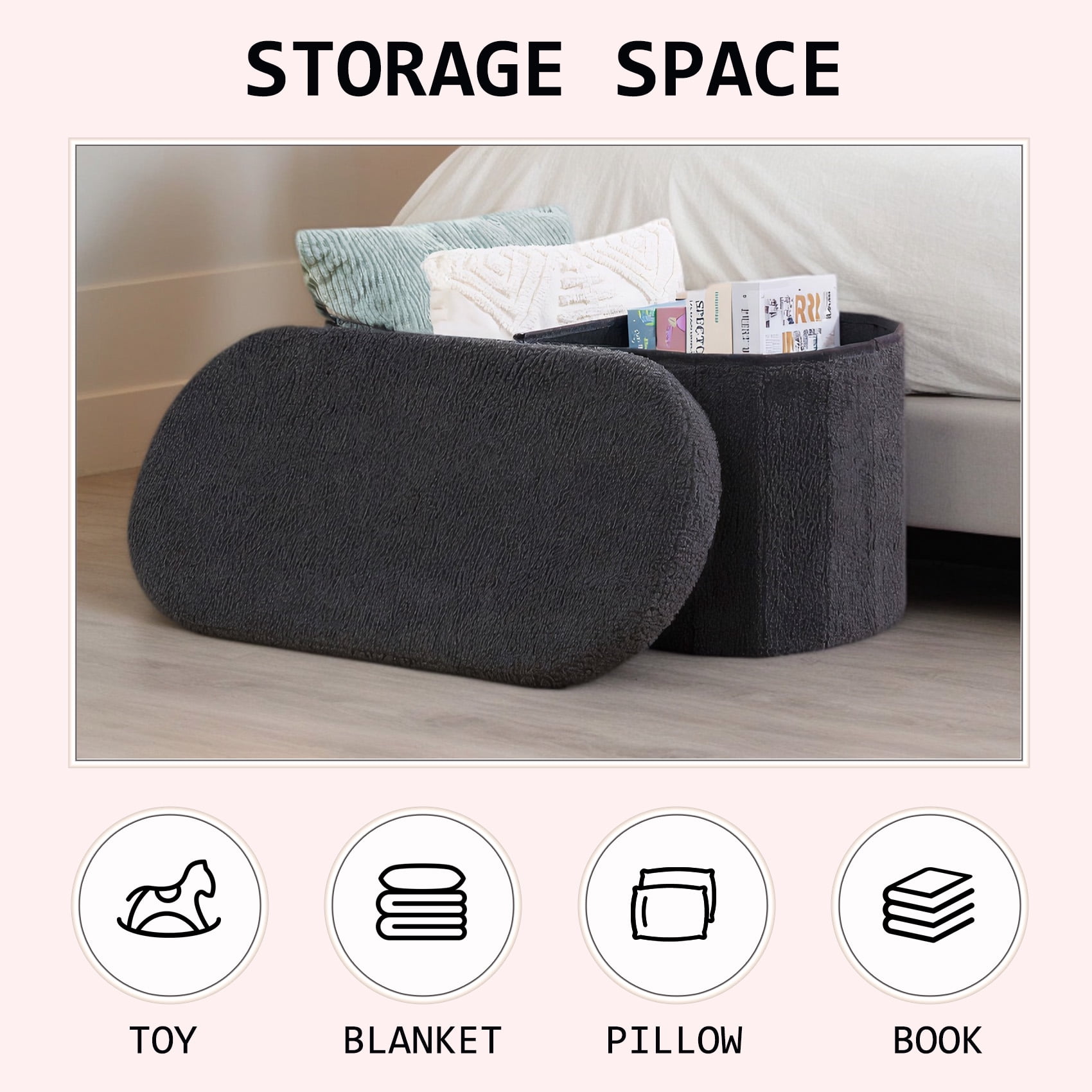 PINPLUS Storage Ottoman Bench Tufted Oval Ottoman Bench Foot Rest Velvet Bench with Storage 30" Darkgrey