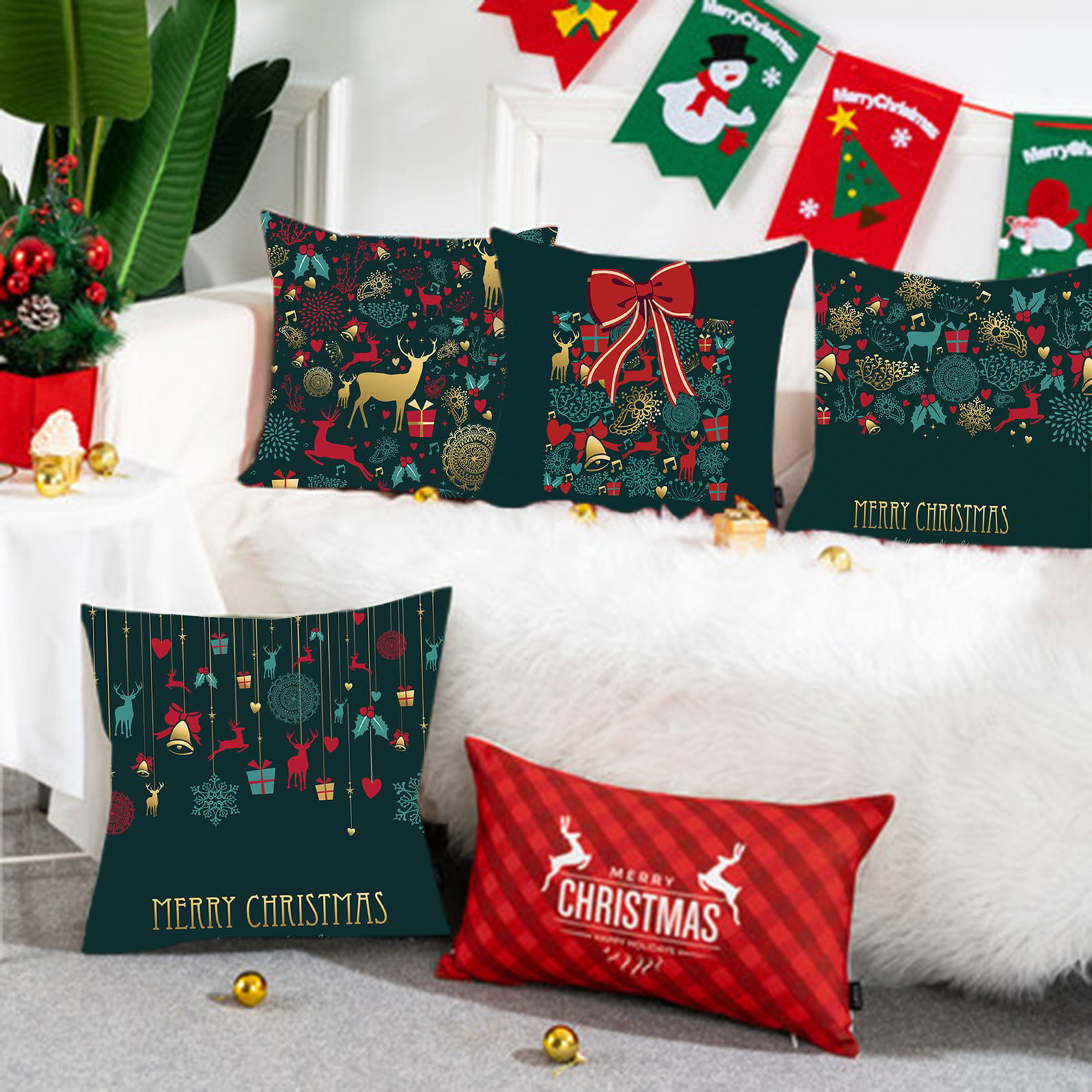 Fun Christmas Xmas Designs & More Believe in Christmas Winter Season Snowflakes Snowy Sky Red Throw Pillow 18x18 Multicolor