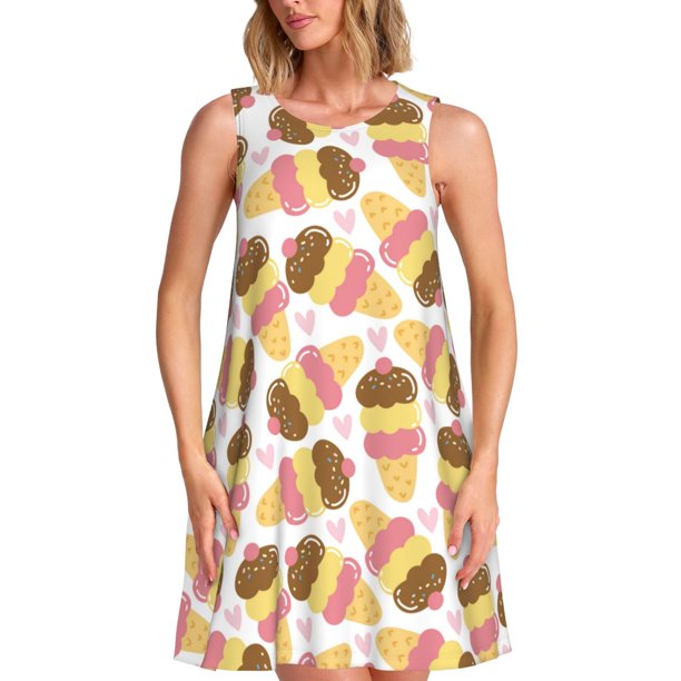 Fotbe Cute Ice Cream Vestido de Verano sin Mangas para Mujer – Vestido Midi Línea A, Estilo Camiseta Floral, Vestido Playero Casual y Fluido