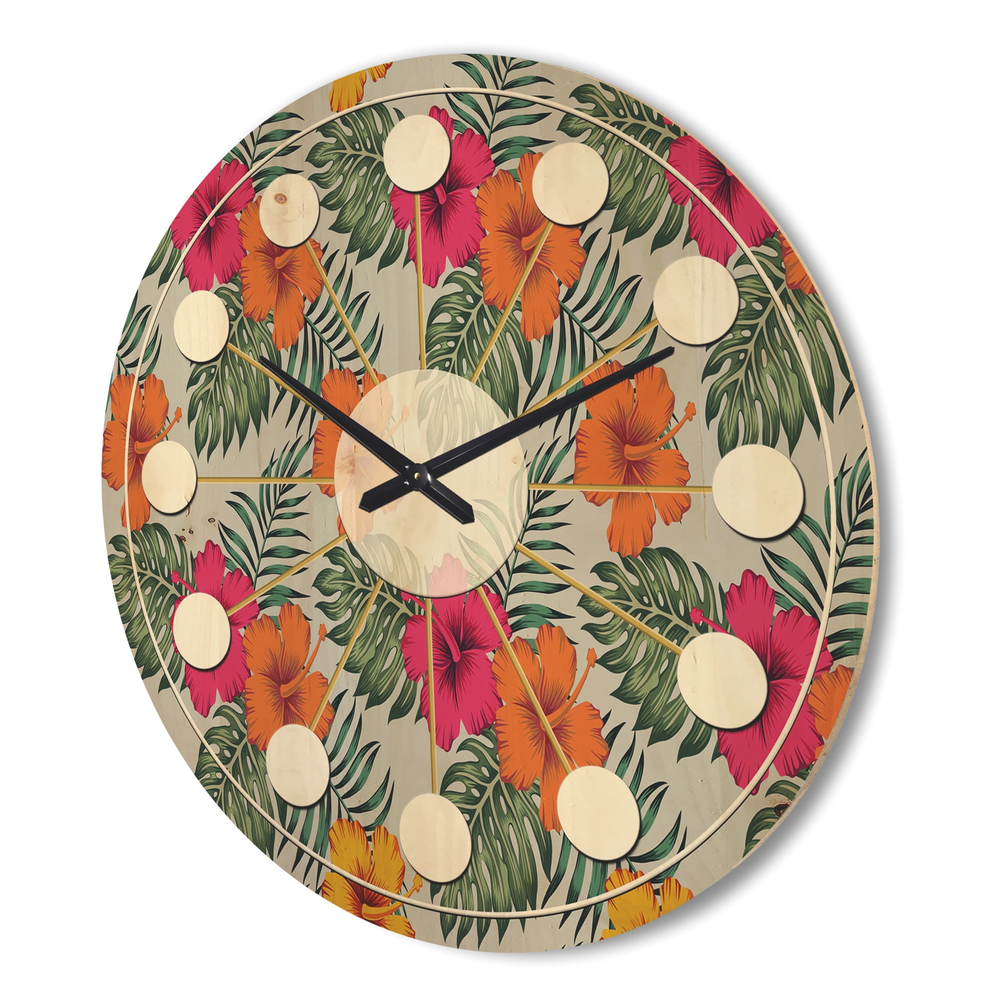 Designart 'Tropical Leaves Retro Pattern III' Mid-Century Modern Wood Wall Clock