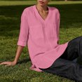 thumbnail image 7 of Lenpel Half Sleeve Womens Tops Cotton Linen V Neck Tunic Blouses with Pockets Fashion Side Split High Low Hem Shirts, 7 of 7