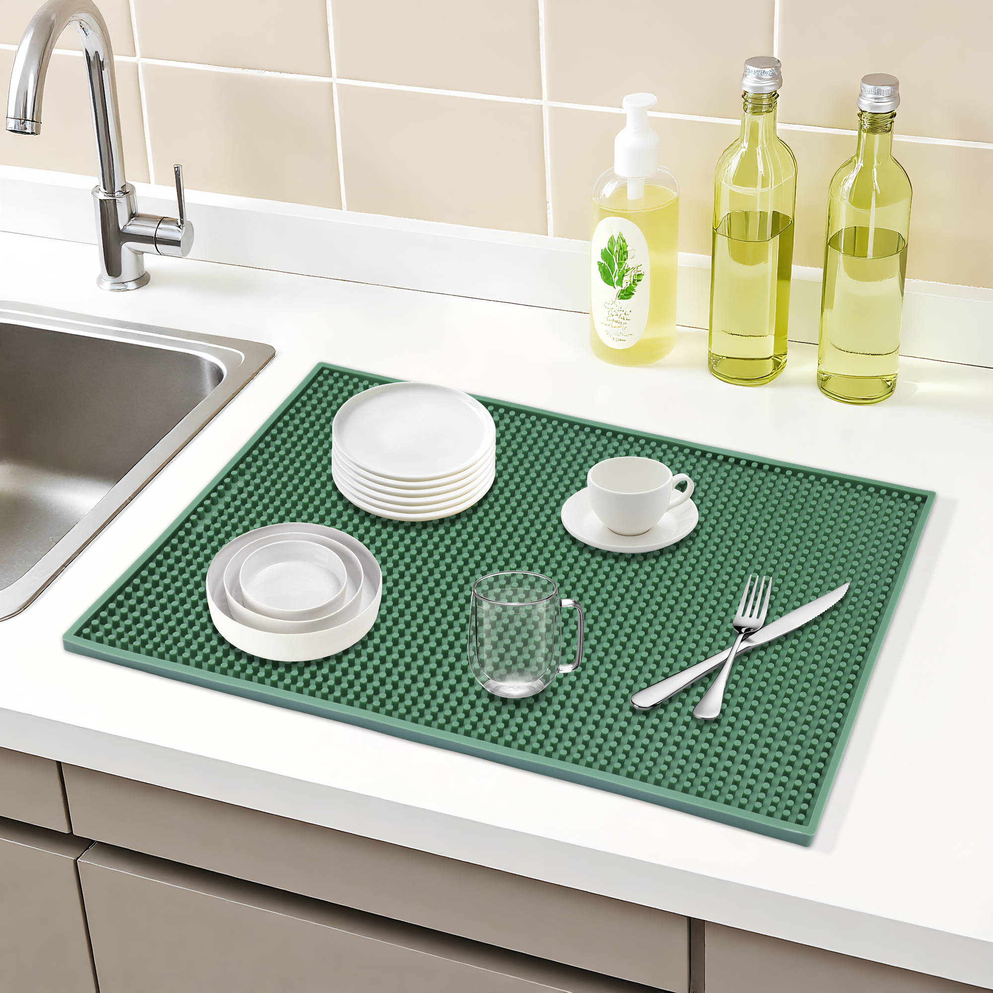 Unique Bargains Silicone Dish Drying Mat for Kitchen Counter Green 17.7*11.8*0.4 inch