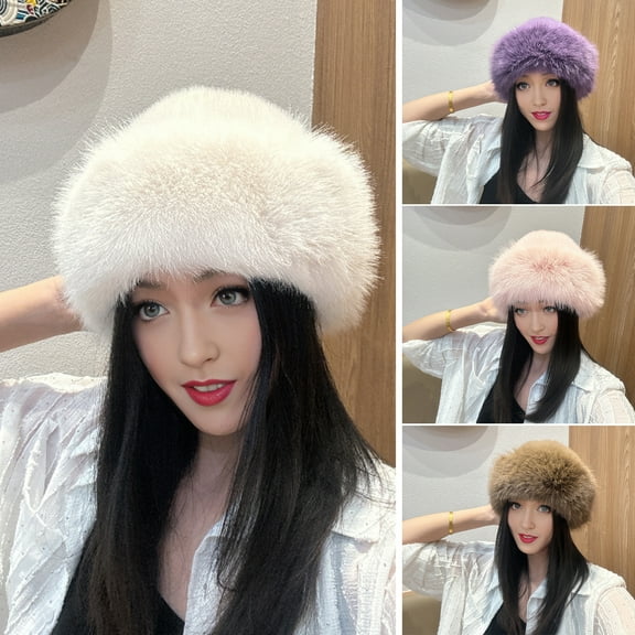 Soumake Women Winter Hat Thick Plush Faux Fur Heat Retention Windproof Mongolia Style Bucket Hat Solid Color Outdoor Cycling Skiing Panama Cap