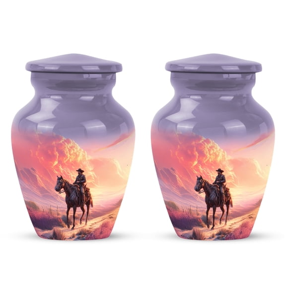 Yatskia Cowboy at Sunset Mini Keepsake Urn for Adult Ashes Mother and Father, Little Memorial Urns for Human Ashes Adult, (Classic Pack of 2, 3 Inch)