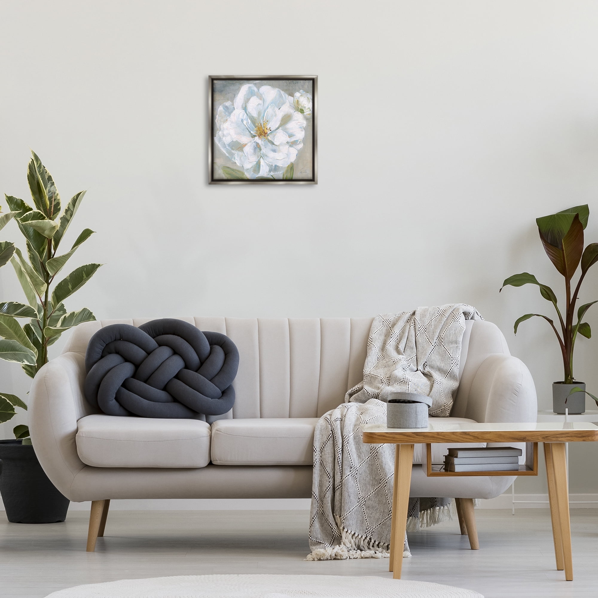 Stupell Industries Curling White Flower Petals Plants & Flowers Painting Gray Floater Framed Canvas Art Print Wall Art, 18 x 18
