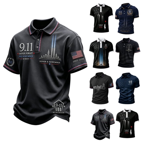 AHMOMEI Mens 911 25th Anniversary Polo Shirts Never Forget 2001-2026 Mens 911 Tshirts American Flag Courage Hope Mens Golf Polo Shirt