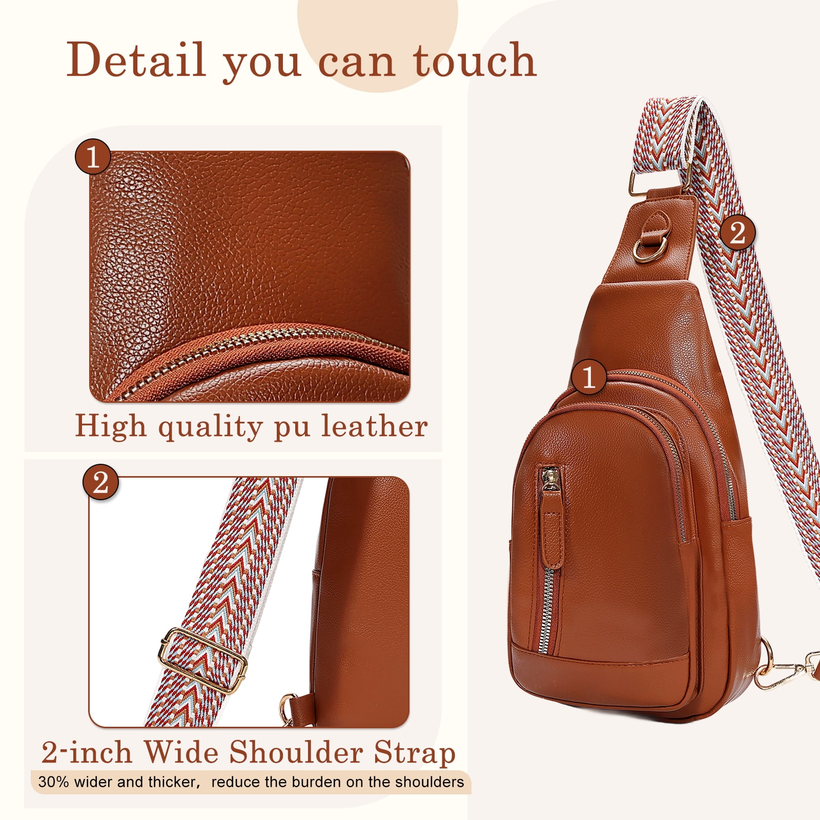 GUIDDBELLA Crossbody Bags for Women Small PU Leather Sling Bag for Women Fanny Pack Chest Bag for Travel Brown