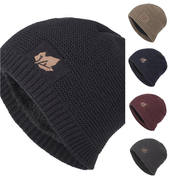 XIAOCHA Mens Patch‑Accent Fleece‑Lined Beanie Knit Hats for Fall Winter Commute Beaniehats,Black