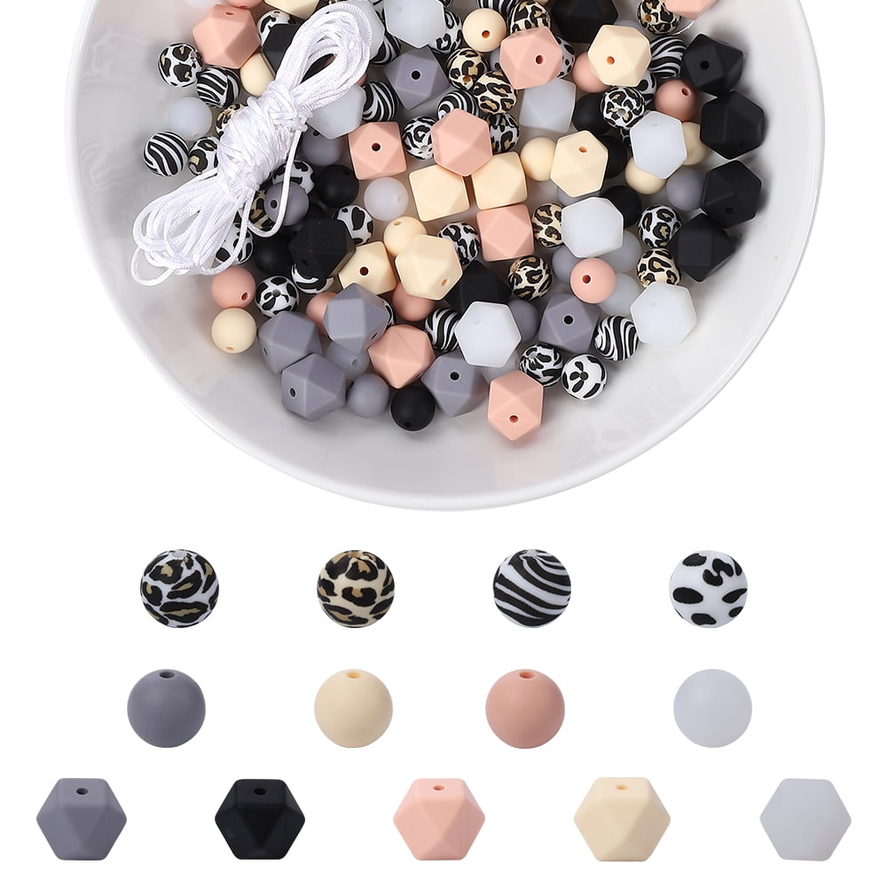 Soonbuy 200pcs Silicone Beads for Keychain Silicone Accessories, 100 Pieces  Round Silicone Beads Bulk and 100 Pcs Polygonal and Rose Beads, Pink 