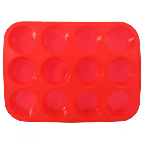 Red 12-Cup Silicone Cake Mold, Food-Grade, Non-Stick Muffin Cupcake Baking Pan, Versatile Foldable Design for Easy Storage, Dishwasher, Microwave, Oven Safe
