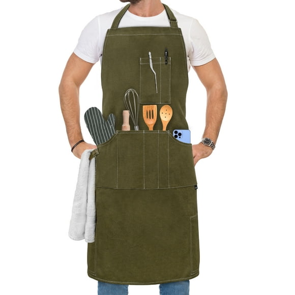 OPUX Chef Apron for Men, Kitchen Apron with Pockets for Women, Large Unisex Canvas Apron for Cooking Grilling BBQ Baking, Heavy Duty Apron for Work, Olive Green