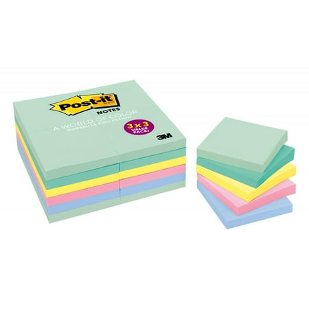 Post-it Original Sticky Notes Marseille Collection Cabinet Pack, 3" x 3", 24 Pads per Pack, 100 Sheets per Pad