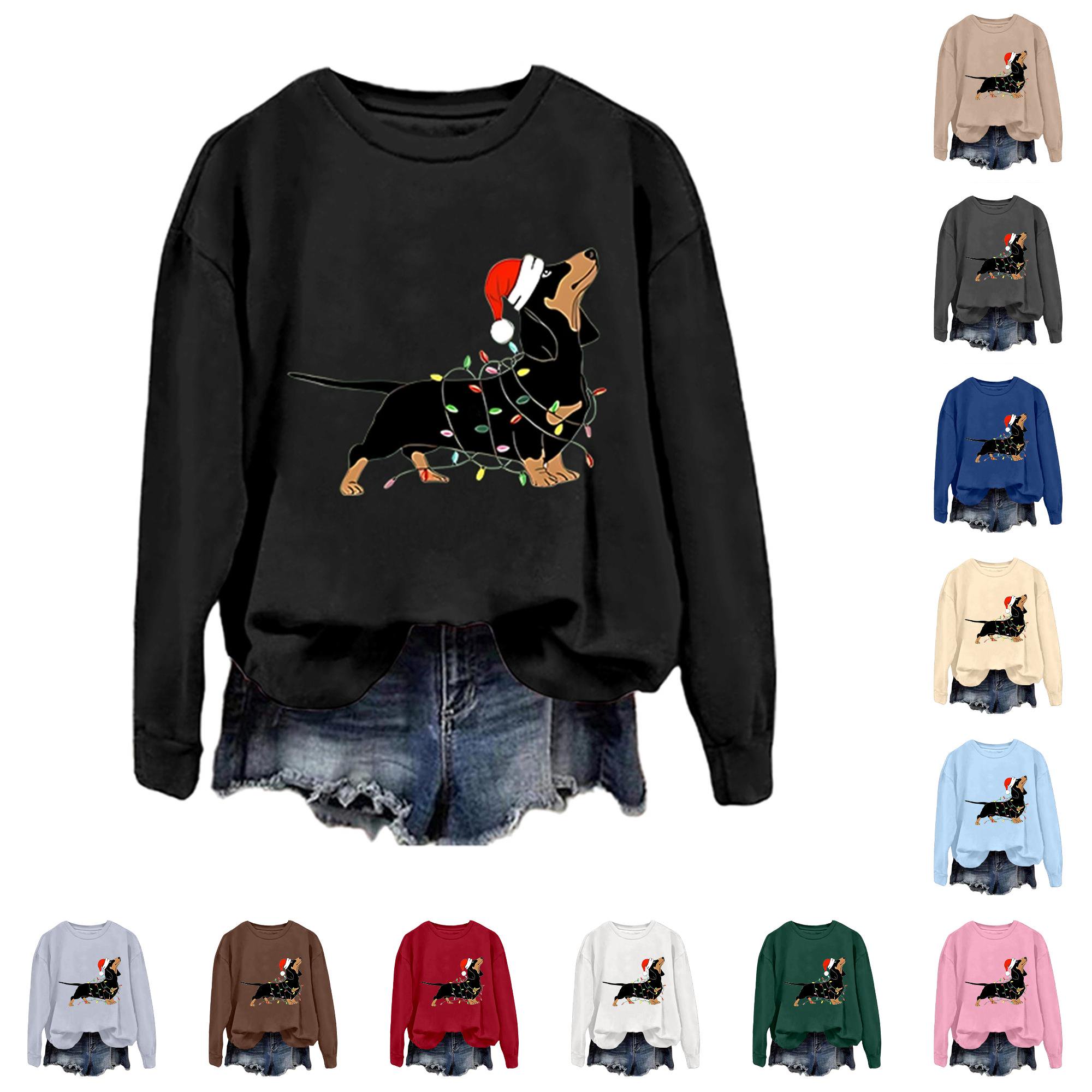 XIAONU Womens Christmas Dachshund Pullover Relaxed Fit Graphic Print Holiday Sweatshirt