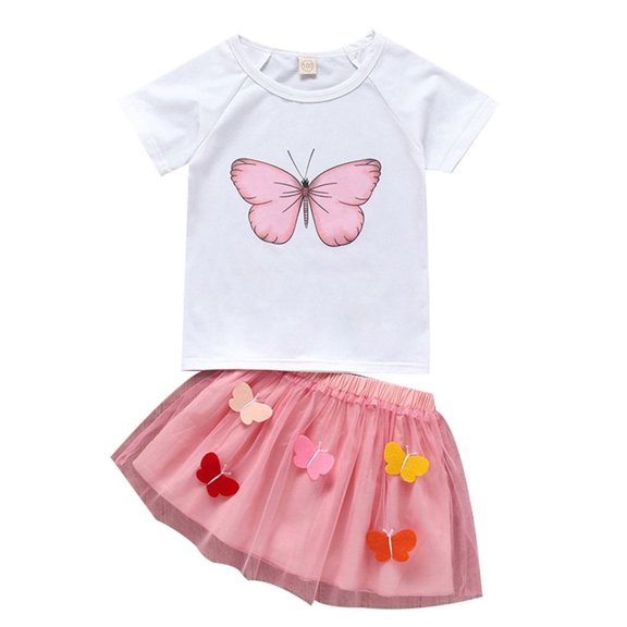 CradlePlanet Little Girl Butterfly T-Shirt Matching Mesh 3D Butterfly Skirt, White, Pink