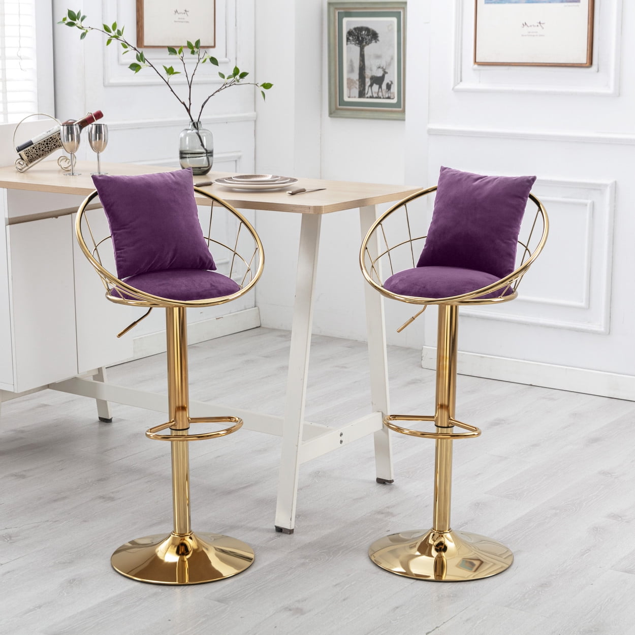 Counter Height Bar Stools with HeightAdjustable Lever and Ergonomic Backrest, Velvet Swivel Bar