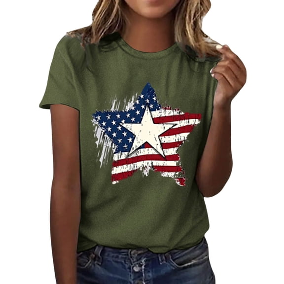 Womens Short Sleeve T Shirts Stars and Stripes 250th Anniversary USA Print Crew Neck Summer Casual Soft Tee Tops Army Green L