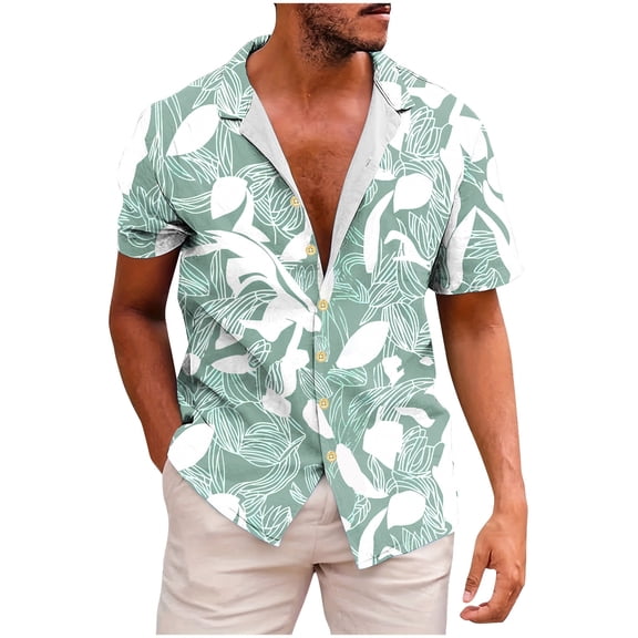 ALLLIST Big And Tall Men Shirts Short Sleeve Collared Hawaiian Button Down Shirts Casual Green Mens Clothing