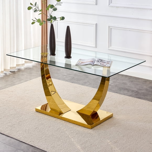 Noble House 63" Modern Rectangular Glass Dining Table,Tempered Glass Top,Gold