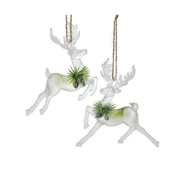 Set of 2 SAGE GREEN & CLEAR Reindeer Christmas Ornaments, by Kurt Adler