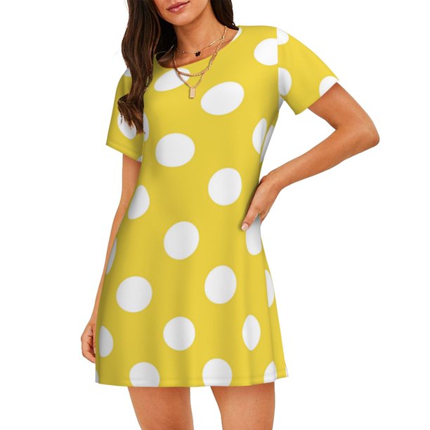 Fotbe Yellow And White Polka Dot Bata de Dormir para Mujer con Estampado, Camisón de Algodón de Manga Corta, Ropa de Dormir Casual