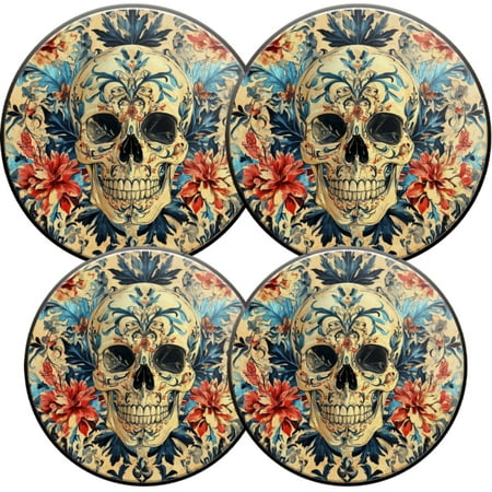 

Electric Stove Burner Covers 4 Pcs Round Gas Burner Cover 8 and 10 Inch Skull Adorned with Floral Patterns in Blue and Red