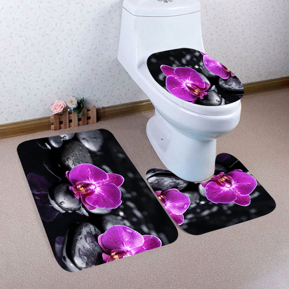 3PCS Christmas Bathroom Non-Slip Pedestal Rug   Lid Toilet Cover   Bath Mat Set 