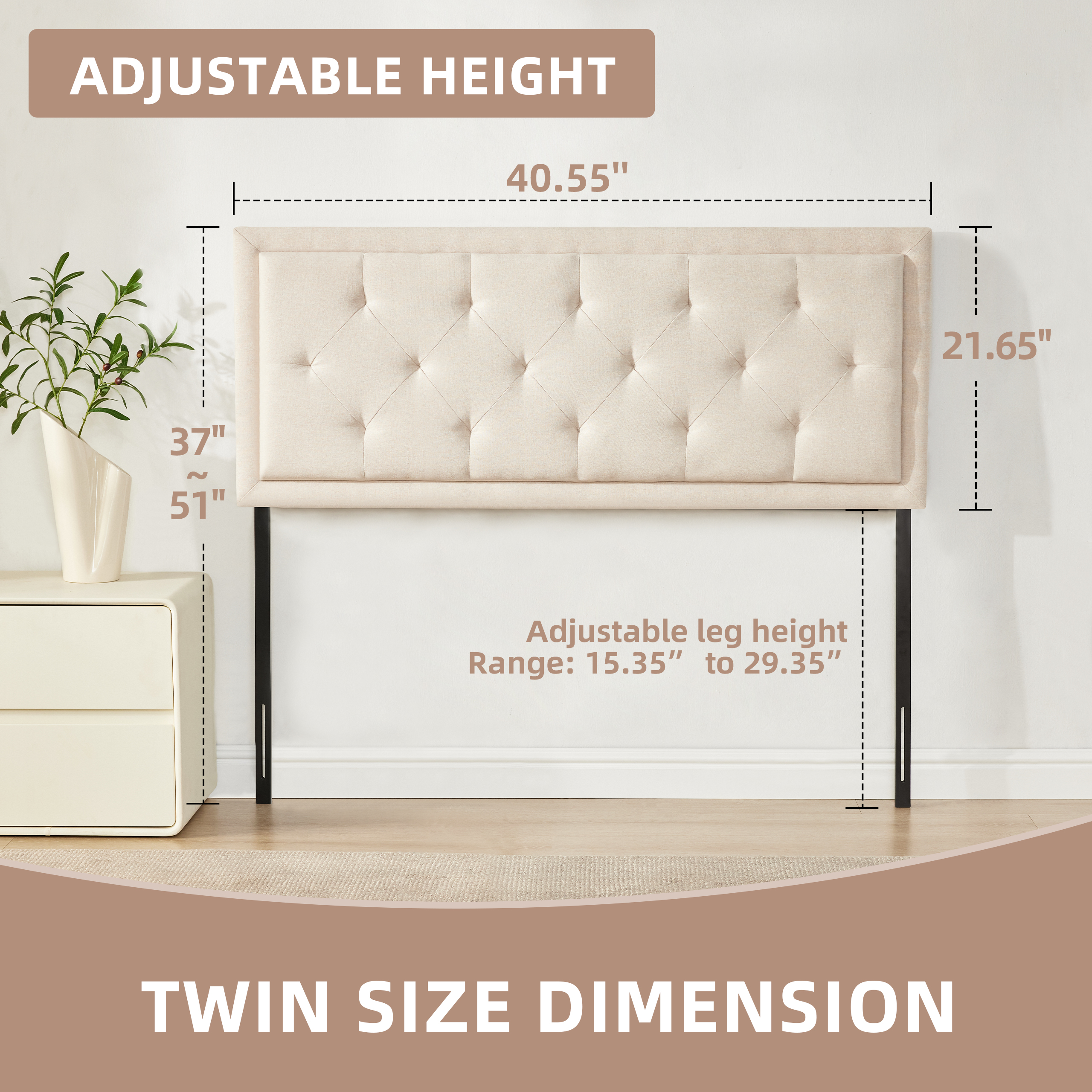Weture Upholstered Twin Panel Headboard, Adjustable Height, Beige