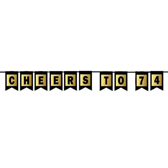 Cheers 74th Brithday Anniversary Black & Mettalic Gold Handing Party Wall Decoration Bunting Banner