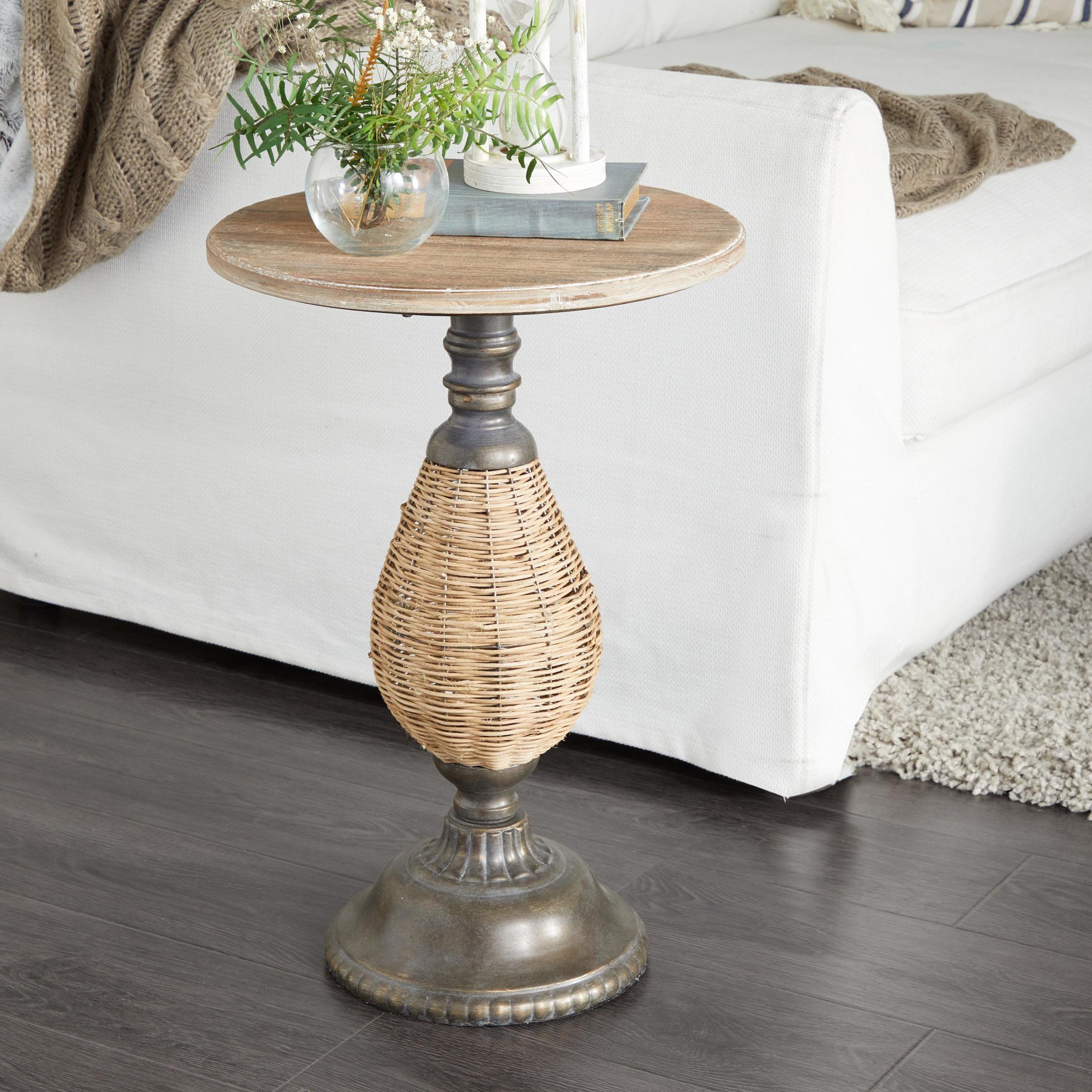 DecMode 15" x 22" Brown Wood Accent Table with Black Metal and Rattan Base, 1-Piece