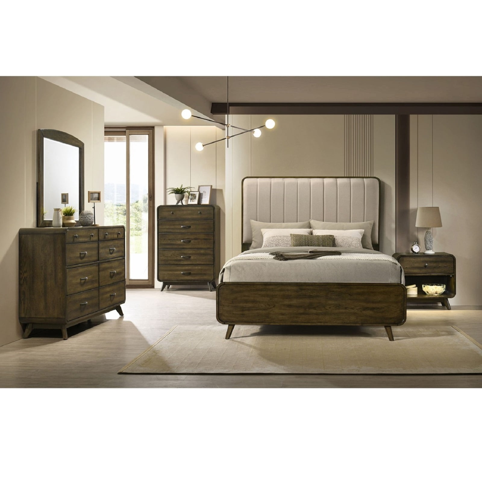 Nightstand LED Lights Side Glide Angled Legs Rustic Oak Finish Bedroom Furniture