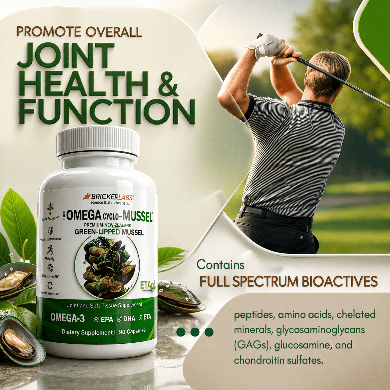 Bricker Labs Omega Cyclo - Mussel Joint Health Supplement, Premium New Zealand Green Lipped Mussel, Full Spectrum Omega Joint Supplements for Joint Health and Comfort, 90 Capsules