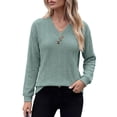 thumbnail image 2 of CQONEPT Women's Long Sleeve V Neck Tops Textured Knit Button Pullover Top Casual Loose Fit Fall Fshion Tunic Shirts Green 2XL, 2 of 6