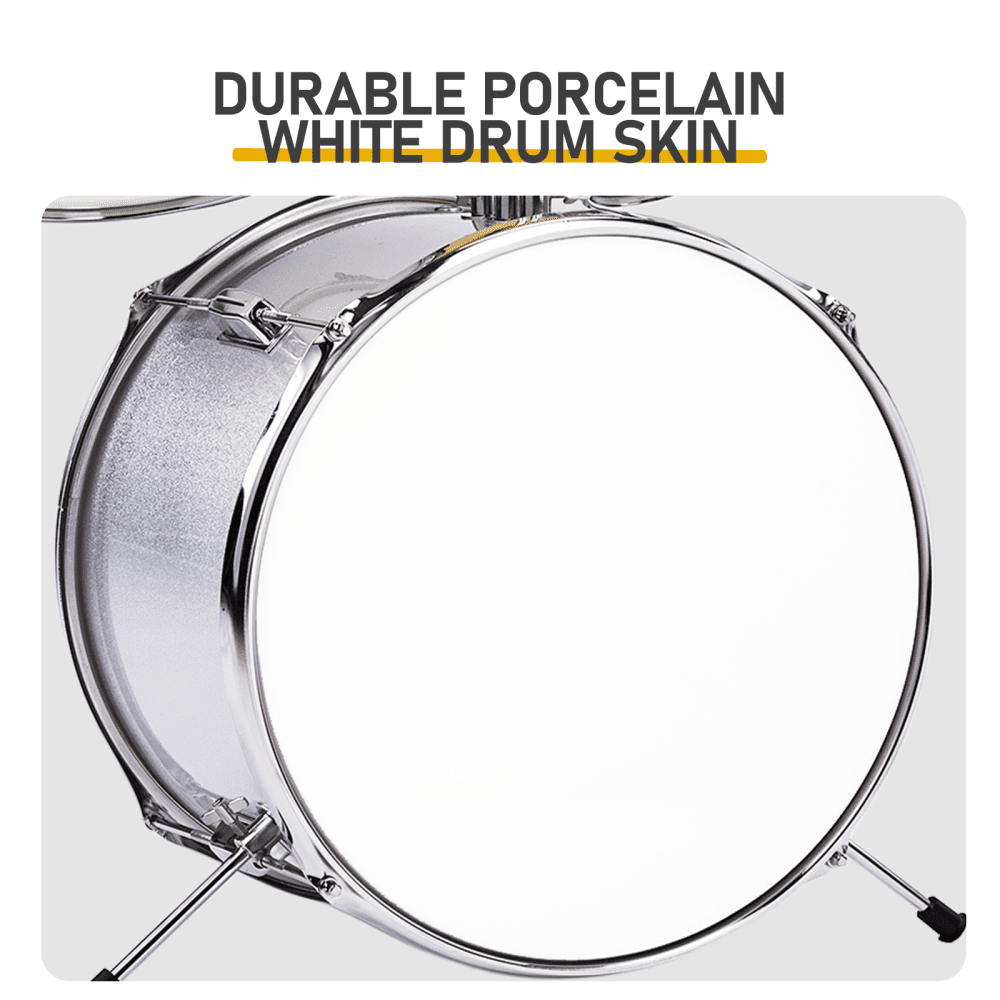 Tcbosik 5-Piece Beginner Drum Set Junior Kit with Bass Drum, Tom Drum, Floor Drum and Snare Drums, Starter Percussion with Stool, Pedal, Cymbal and Sticks, Silver