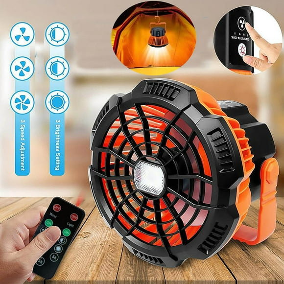 Fiudx Ventilador Portátil para Acampar, Luz Colgante Recargable Por Usb, Control Remoto y Brillo Ajustable, 3 Modos de Velocidad y Batería Externa de Emergencia, Uso En Interiores y Exteriores, Campi