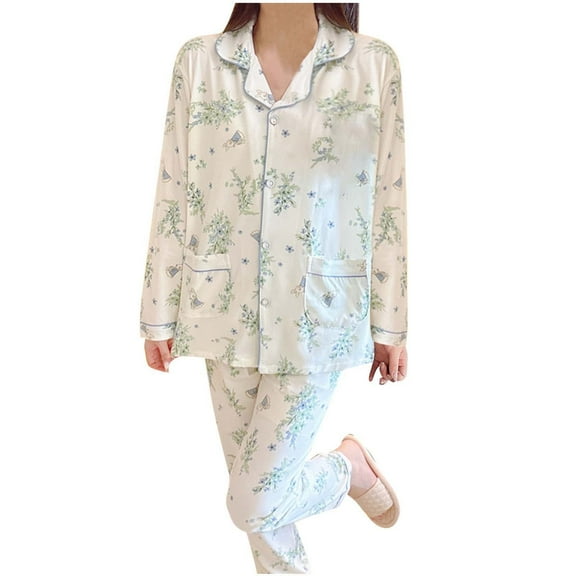 Hyknon Womens Pajama Sets 2025 Spring Summer Fashion Lightweight Floral Printed Two Piece Set Pajamas Casual Soft Buttons Long Sleeve Tops with Pajama Pants with Pockets