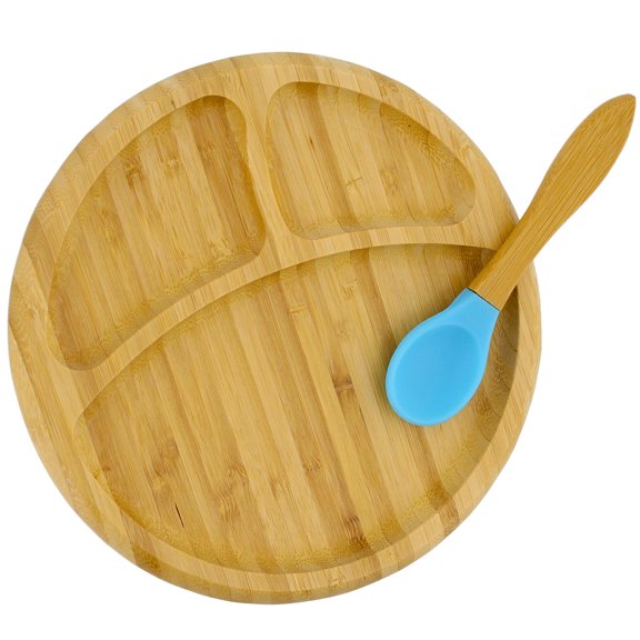 Acorn Baby Bamboo Toddler Plates with Spoon in Blue - Baby Plates with Suction