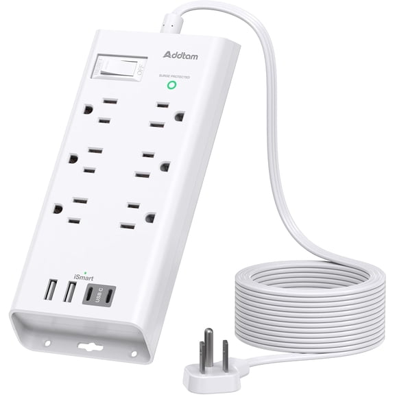 10ft Flat Plug Extension Cord, Surge Protector Power Strip With 6 Outlets and 4 USB Ports (2 USB C), Multiple Outlets for Home Dorm Room Essentials