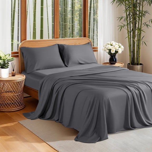 Sonoro Kate 100% Organic Cooling Bamboo Sheets, Queen Sheet Set 4-Piece with 16" Deep Pocket, Silky Smooth Luxury Bed Sheets, Dark Gray