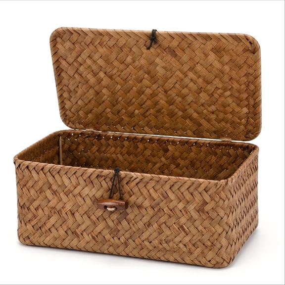 Wicker Baskets for Storage with Lid, Rectangular Seagrass Handwoven Box Decorative Storage Basket Bin for Shelf Desktop Bathroom Home Organizer