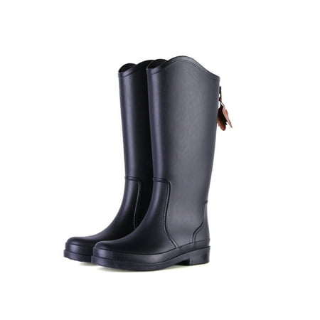 

GENILU Women Non-Slip Waterproof Rain Shoe Mid Calf High Boots Garden Solid Tall Boot High Tube Black 5