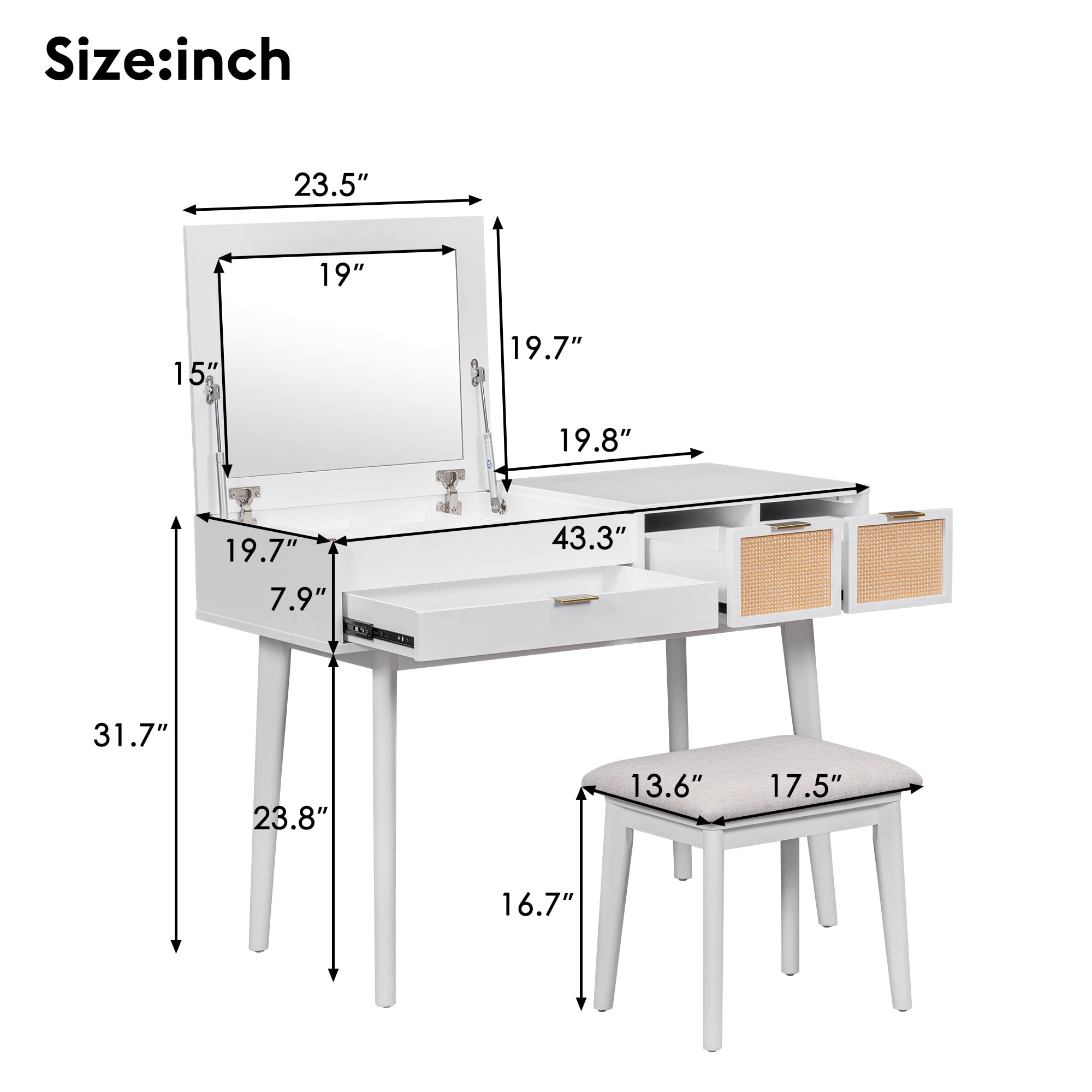 Yoneston 43.3" Classic Wood Makeup Vanity Set with Flip-top Mirror, Vanity Table with Cushioned Chair with Three Drawers and Storage Space for Bedroom, White