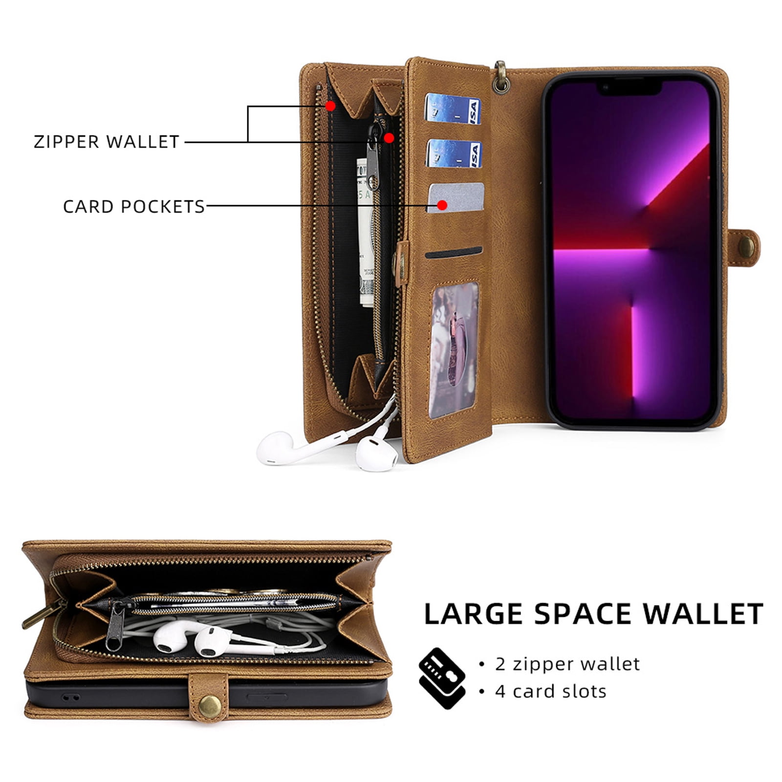 for iPhone 13 Pro Max Wallet Case, Durable PU Leather 2-in-1 Detachable Magnetic Flip Phone Case for iPhone 13 Pro Max Case Wallet with Card Holder Slots Zipper Pouch for Women Men, Brown