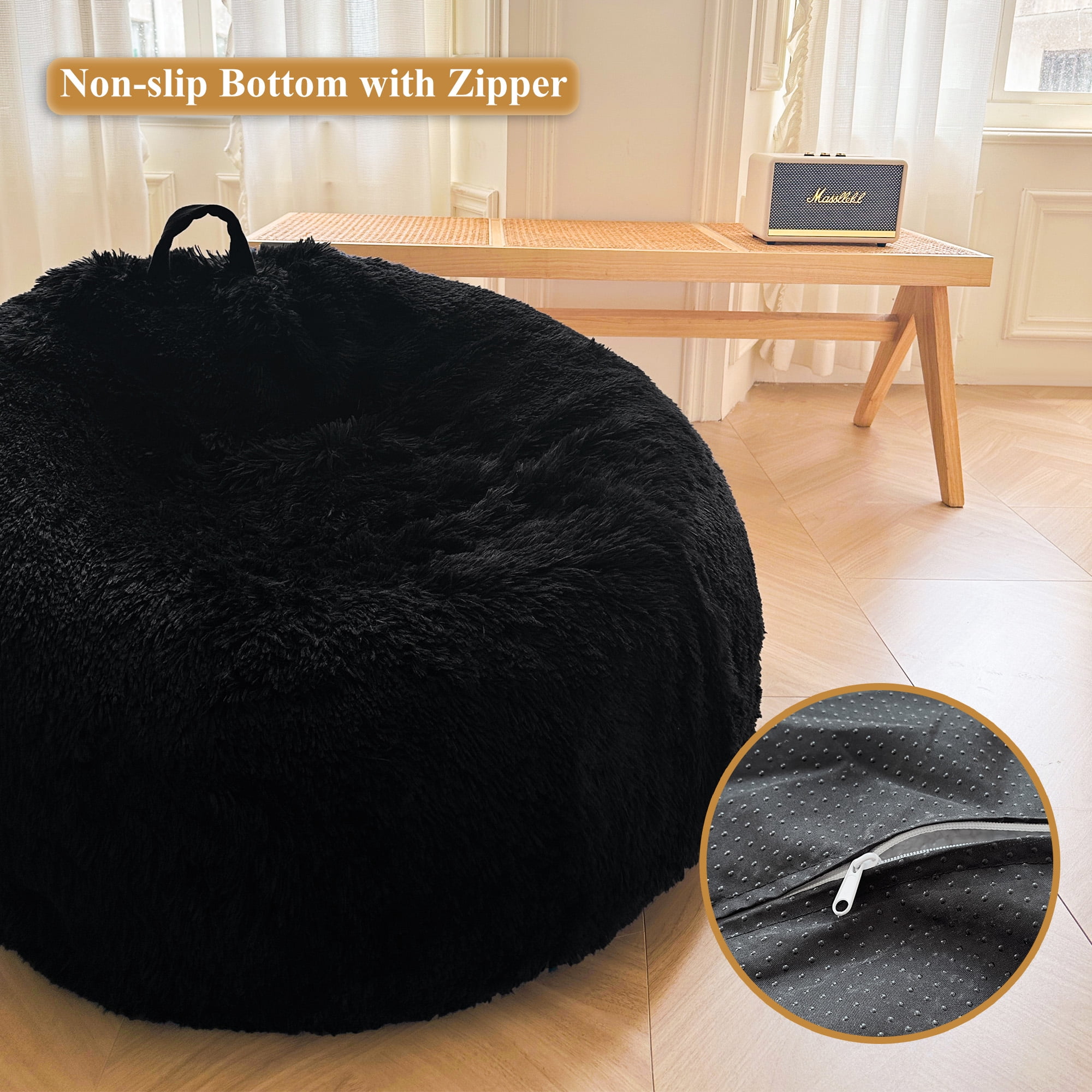 XeGe Fluffy Stuffed Animal Storage Bean Bag Chair Cover(No Filler), Faux Fur Washable Ultra Soft Bean Bag Cover for Plush Toys or Textile, Plush Shaggy Large Bean Bag for Adults Kids Teens, Black