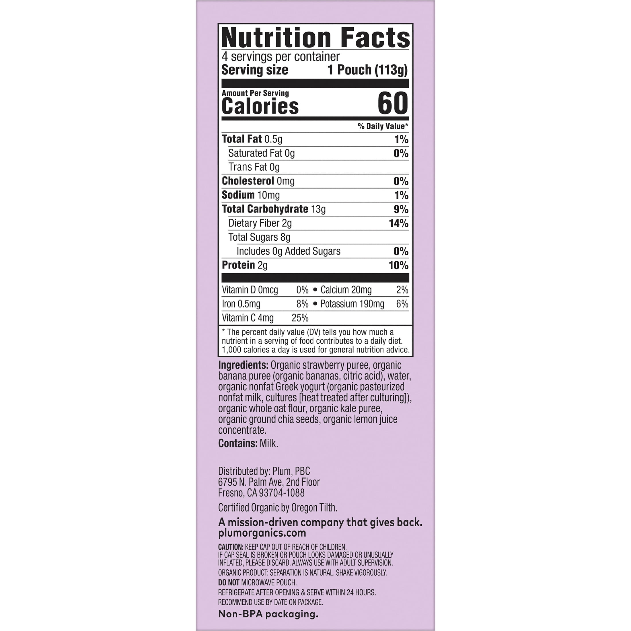 (4 pack) Plum Organics® Tots Mighty 4 Food Group Blend Strawberry, Banana, Greek Yogurt, Oat + Kale 4oz Pouch-4-Pack